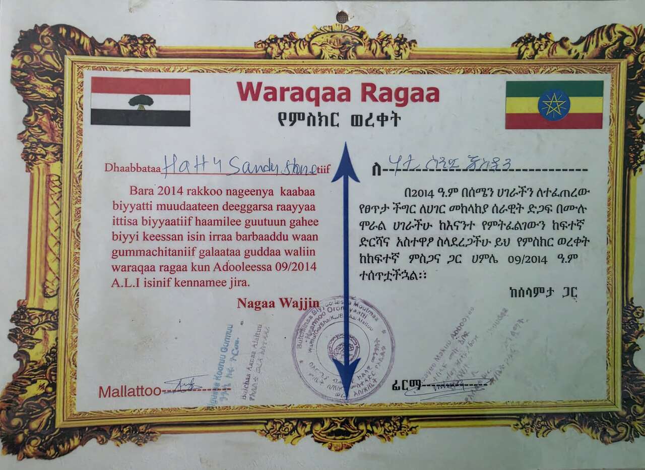 Ethiopian Defense Force Support — Certificate of Appreciation